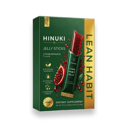 1 pack Hinuki — caixa verde Lean Habit com 10 sticks de geleia de romã