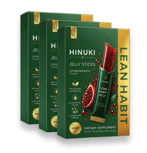 Conjunto de 3 packs Hinuki — três caixas verdes de sticks de geleia Lean Habit
