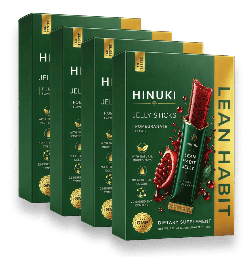 Conjunto de 4 packs Hinuki — quatro caixas verdes de sticks de geleia Lean Habit, o mais popular