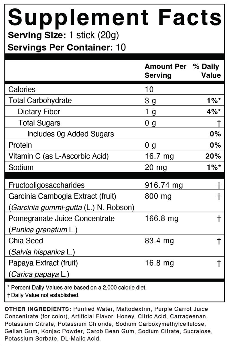 Rótulo de informação nutricional do stick de geleia Hinuki com calorias, fibra e ingredientes